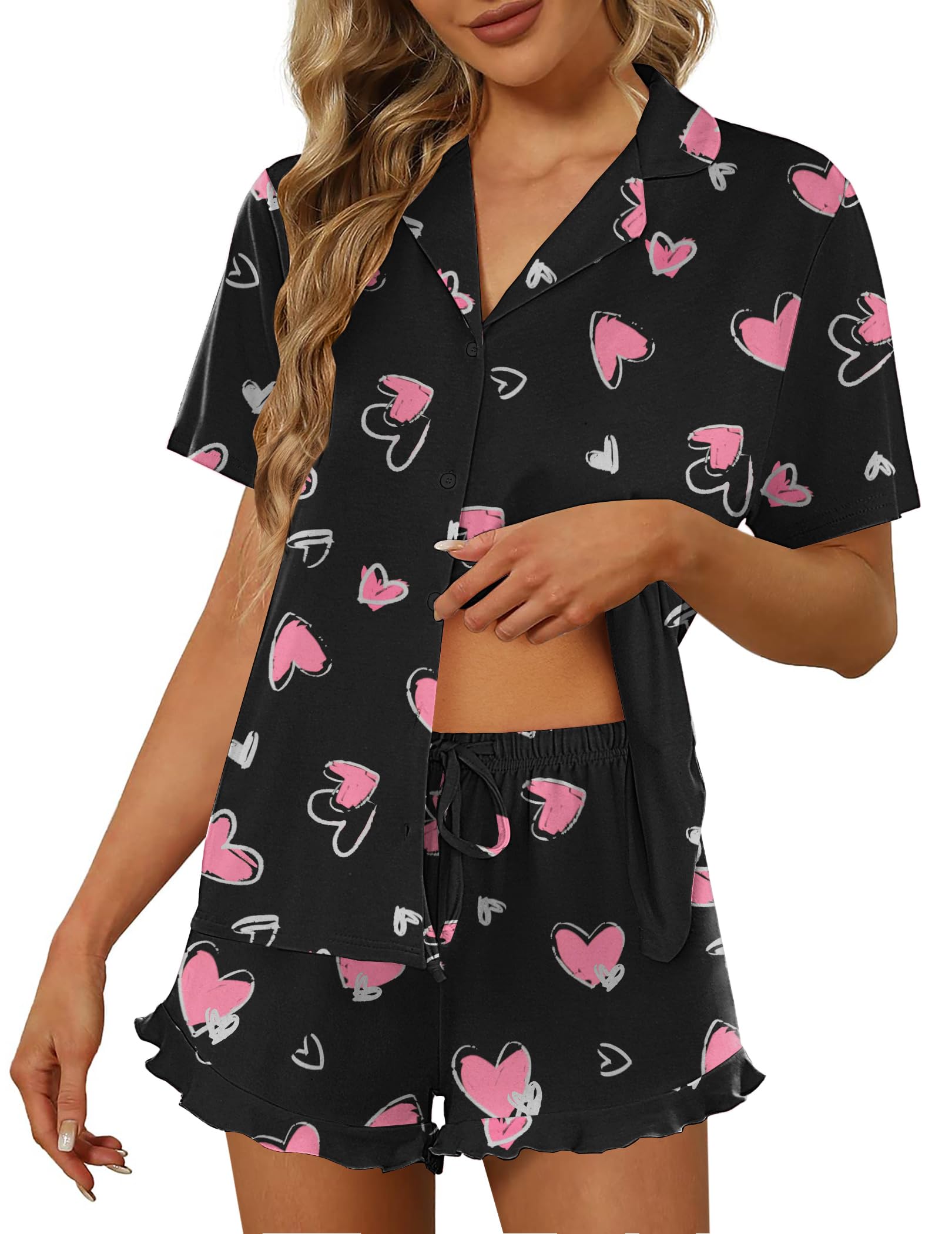 Ekouaer Pajamas Set for Women Short Sleeve Sleepwear Button Down Ruffle Pjs