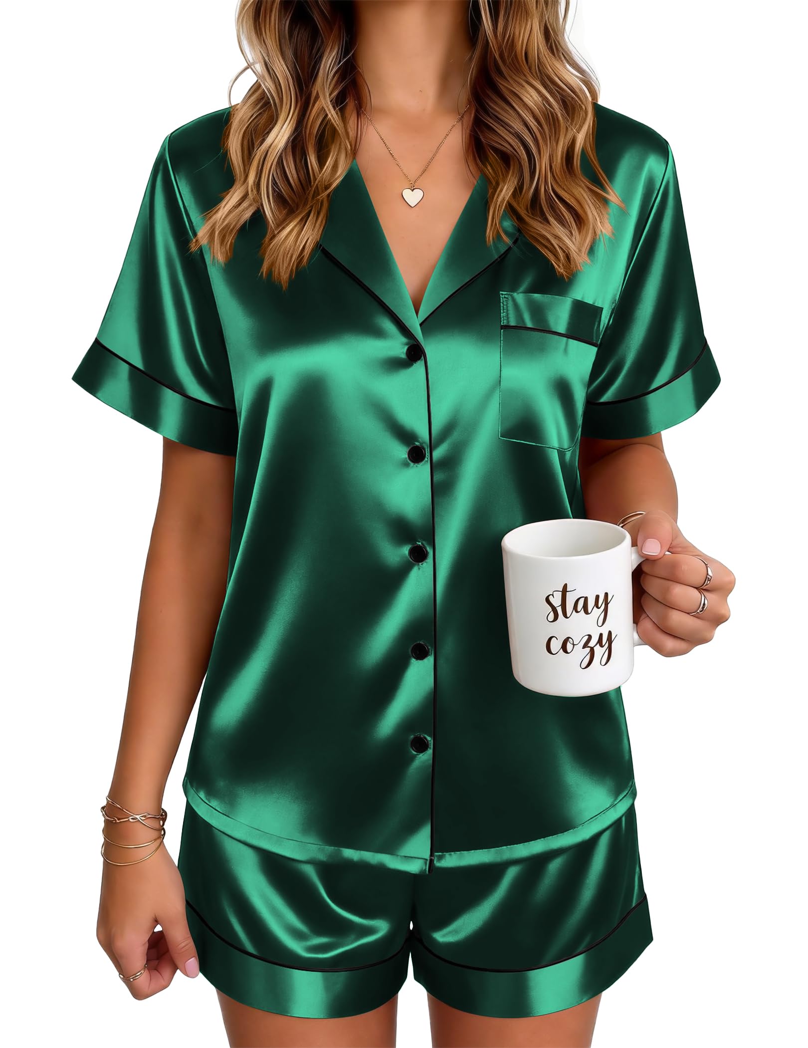 Ekouaer Satin Pajamas for Women Silk Pjs Short Set 2 Piece Lounge Sets