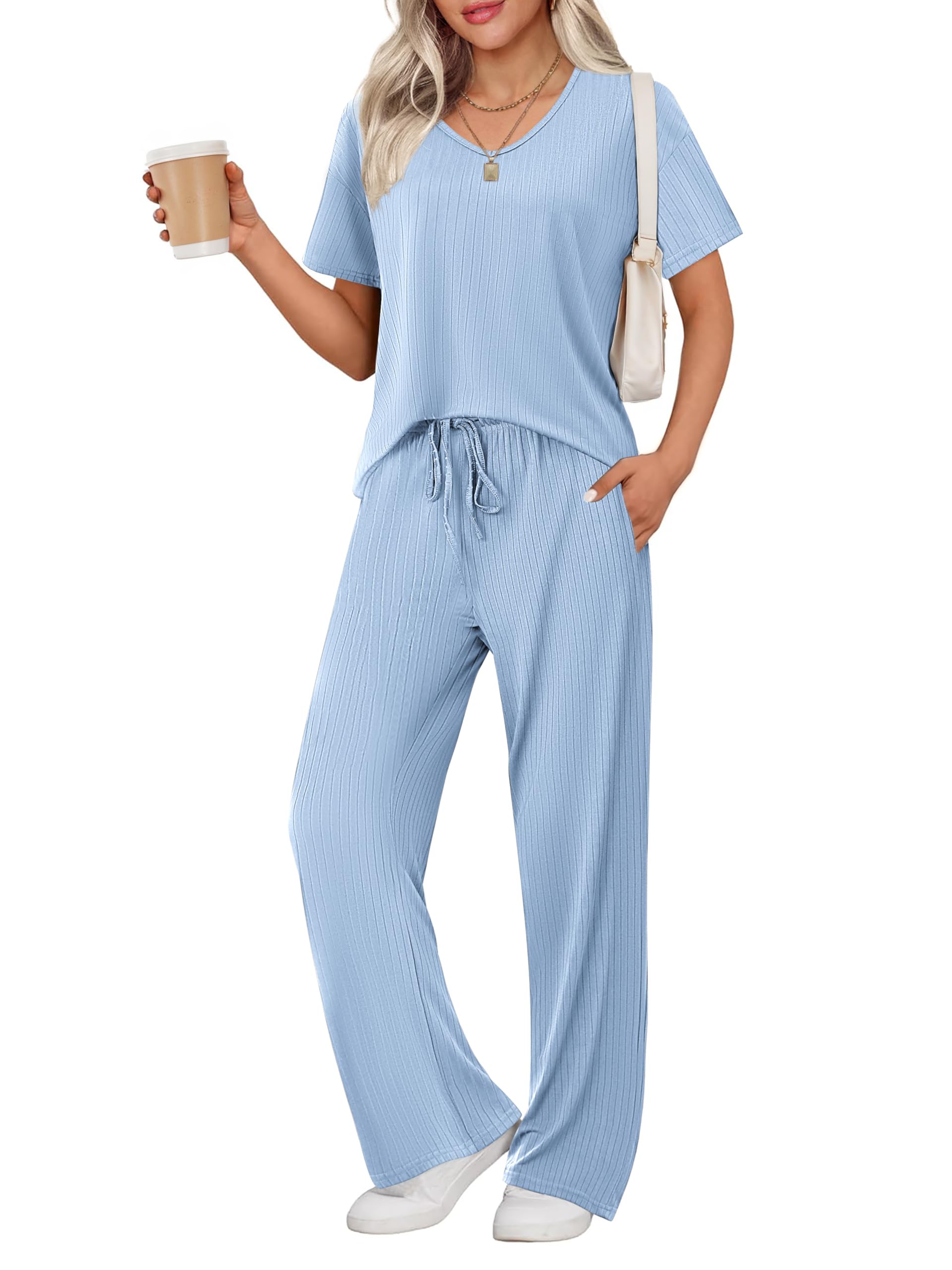 Ekouaer Womens Ribbed Knit Lounge Set Short Sleeve Top and Long Pants Sleepwear Pajama Set Two Piece Matching Outfits Set