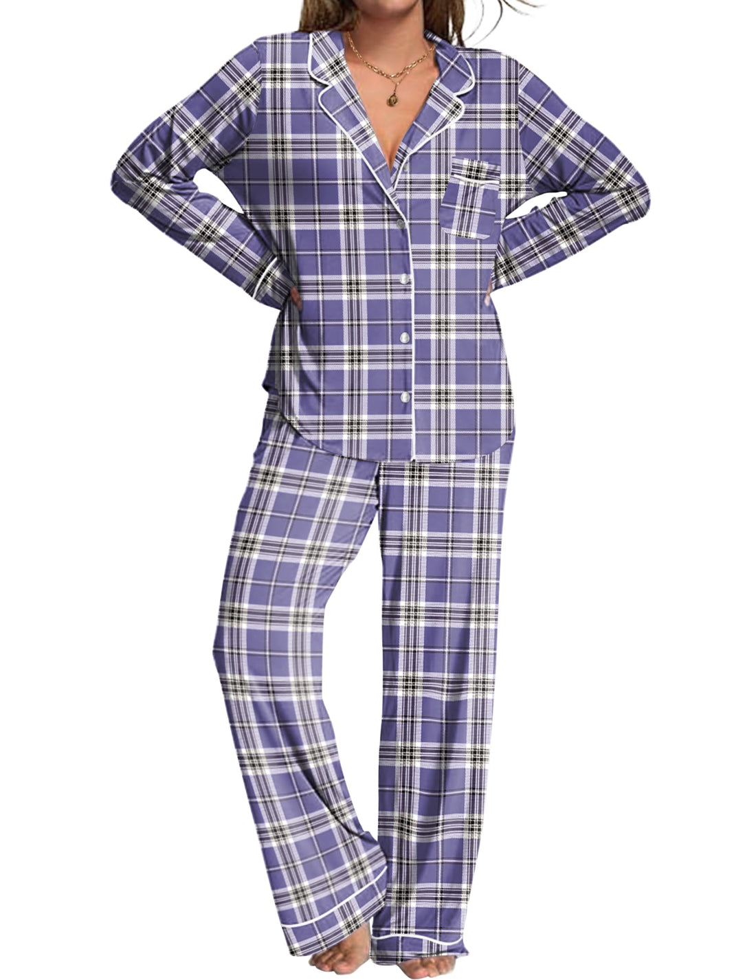 Ekouaer Womens Pajamas Set Button Down Long Sleeve Top & Pants Lounge Sets