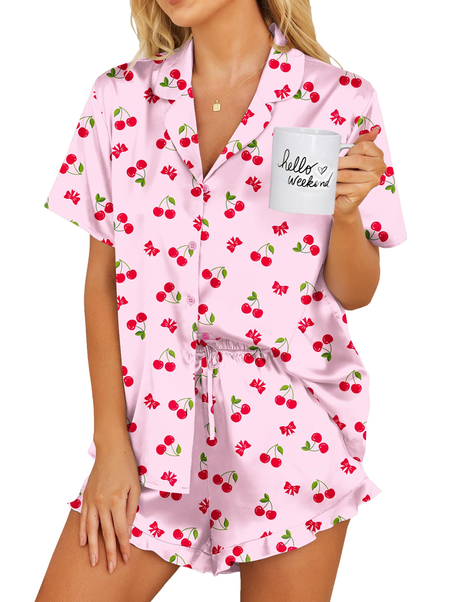 Ekouaer Womens Satin Pajamas Set Button Down Silk Pj Shorts Set with Ruffle