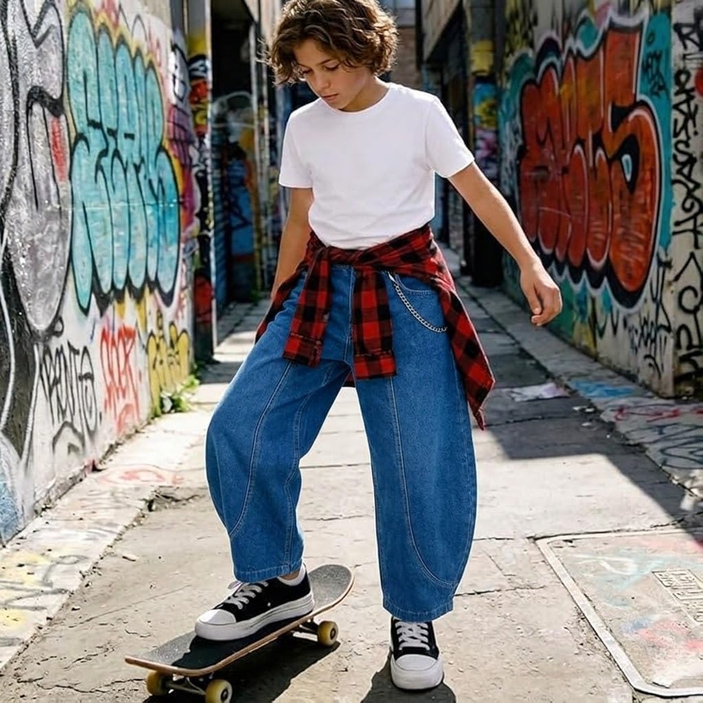 Baggy Jeans for Boys Cargo Jeans, Mid Rise Elastic Waist Multi-Pockets Denim Pants School Streetwear Size 8-12