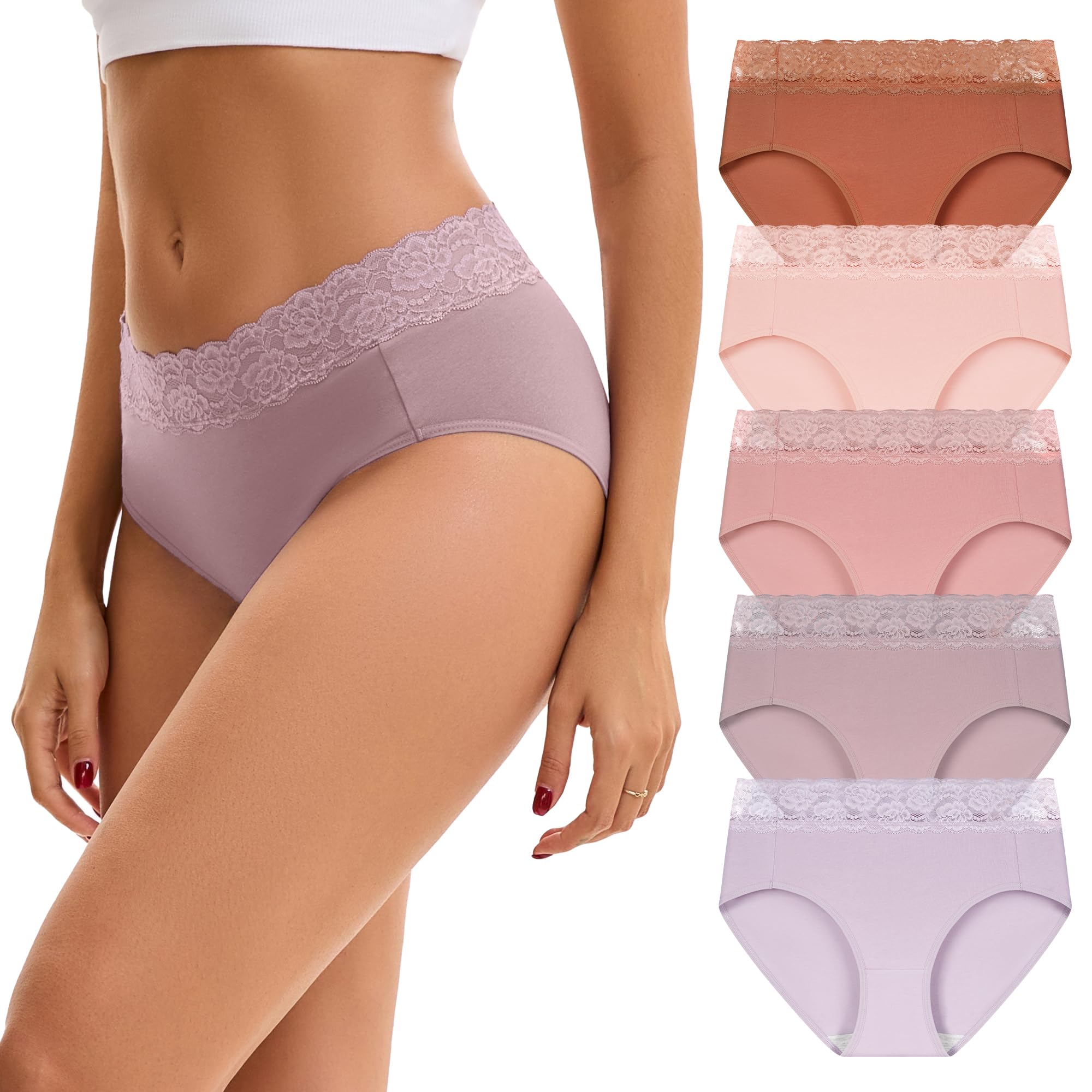 INNERSY Women's Cotton Underwear Lace High Waisted Panties 5-Pack