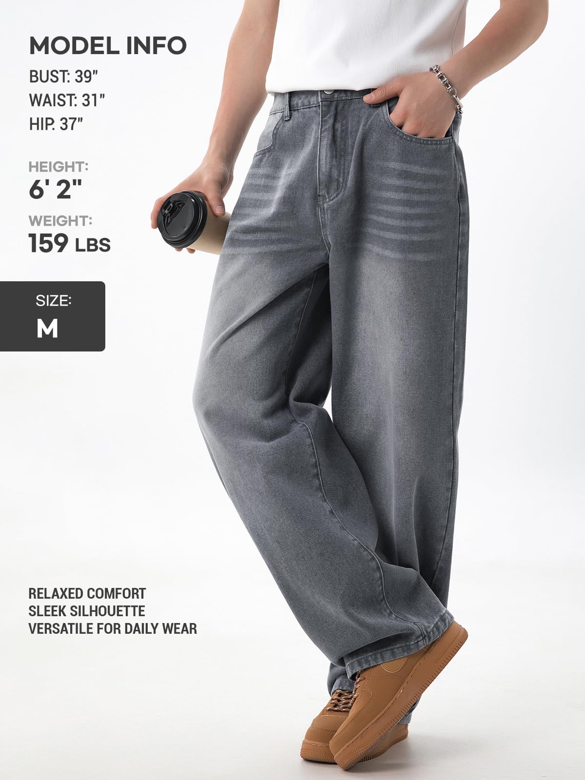 Baggy Hip Hop Jeans for Men Wide Leg Skater Denim Pants Casual Loose Fit Long Trousers