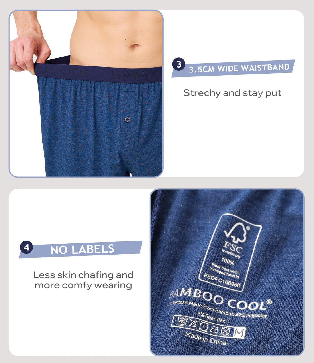 BAMBOO COOL Mens Underwear Boxers Moisture-wicking and Cool Men's Boxer Shorts Loose Fit Super Soft 4 Pack
