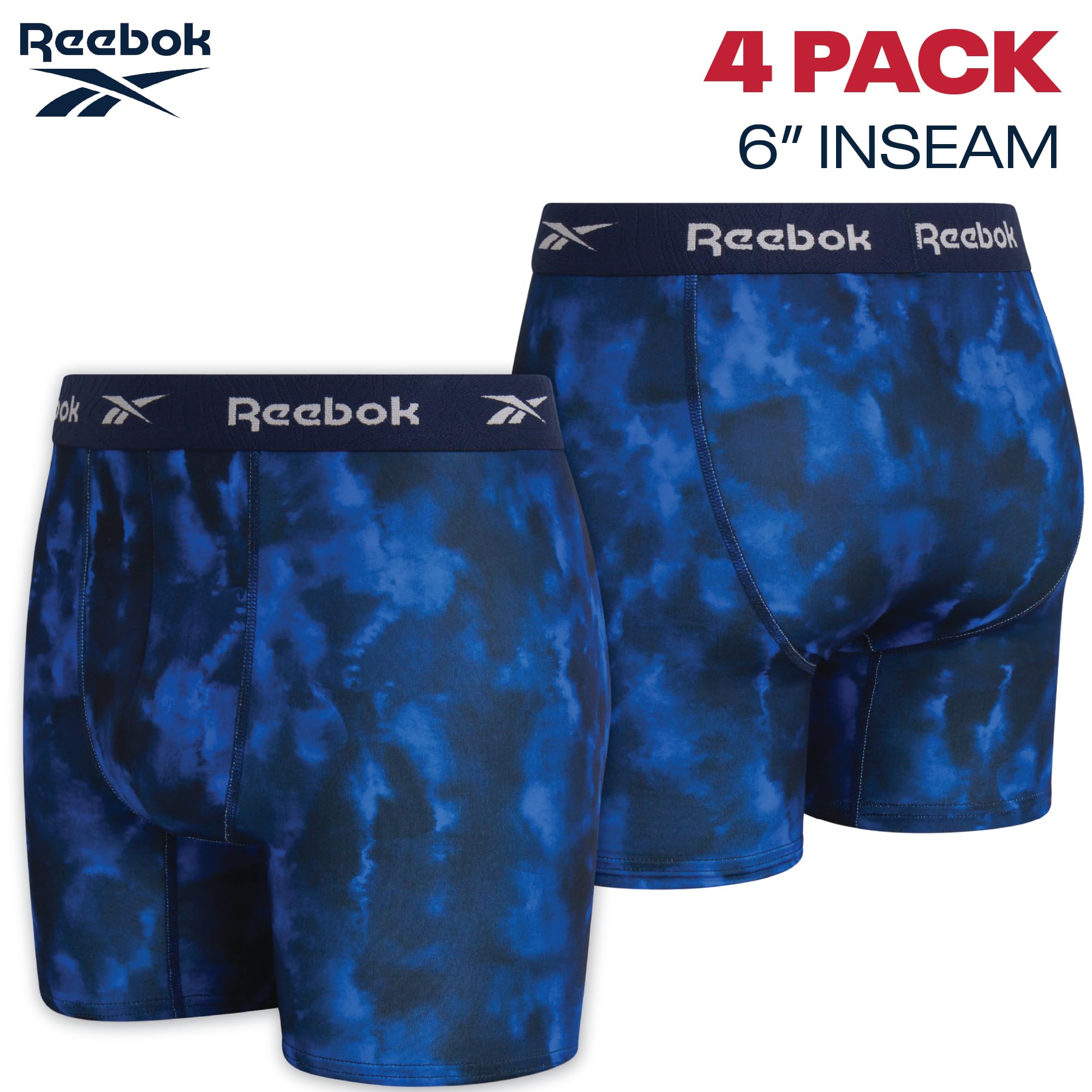 Reebok Mens Boxer Briefs - 4 Pack Underwear with Contour Pouch, 6'' Inseam | Athletic Stretch Performance Moisture-Wicking Fabric, No Fly Pouch, Tag-Free Waistband