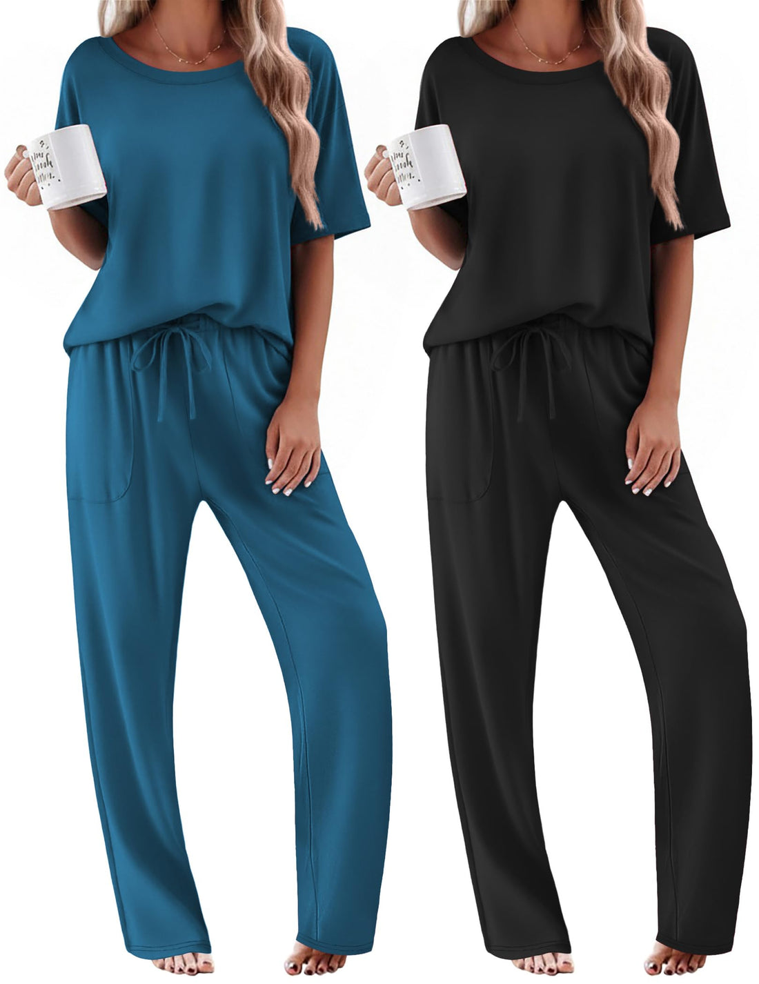 Ekouaer 2 Pack Womens Pajamas Sets Short Sleeve Long Pants Pjs Lounge Set