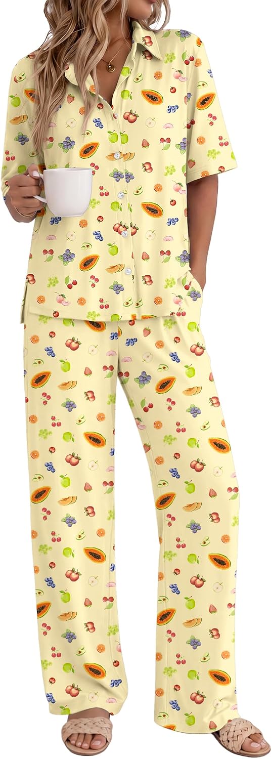 Ekouaer Pajamas for Women Set Button Up Short Sleeve Pjs with Long Pants