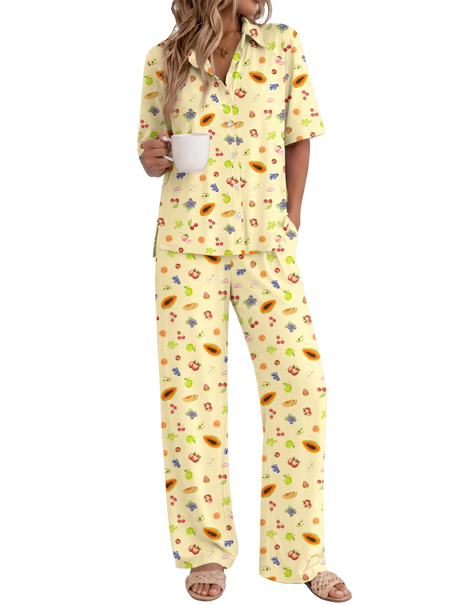 Ekouaer Pajamas for Women Set Button Up Short Sleeve Pjs with Long Pants
