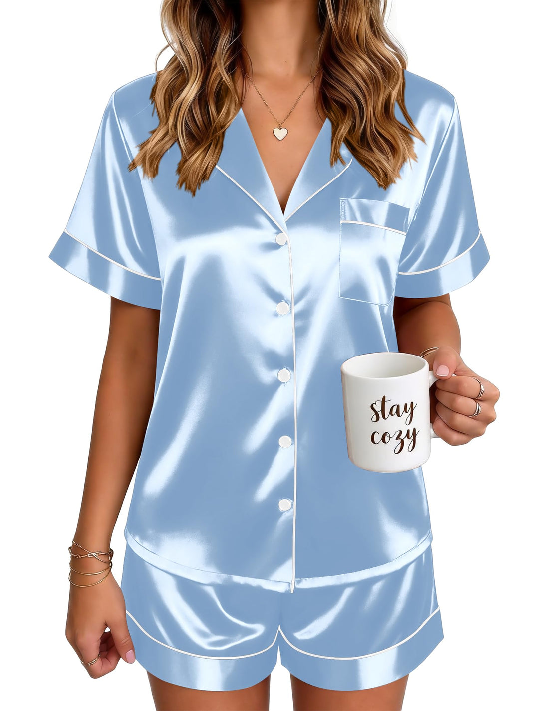 Ekouaer Satin Pajamas for Women Silk Pjs Short Set 2 Piece Lounge Sets