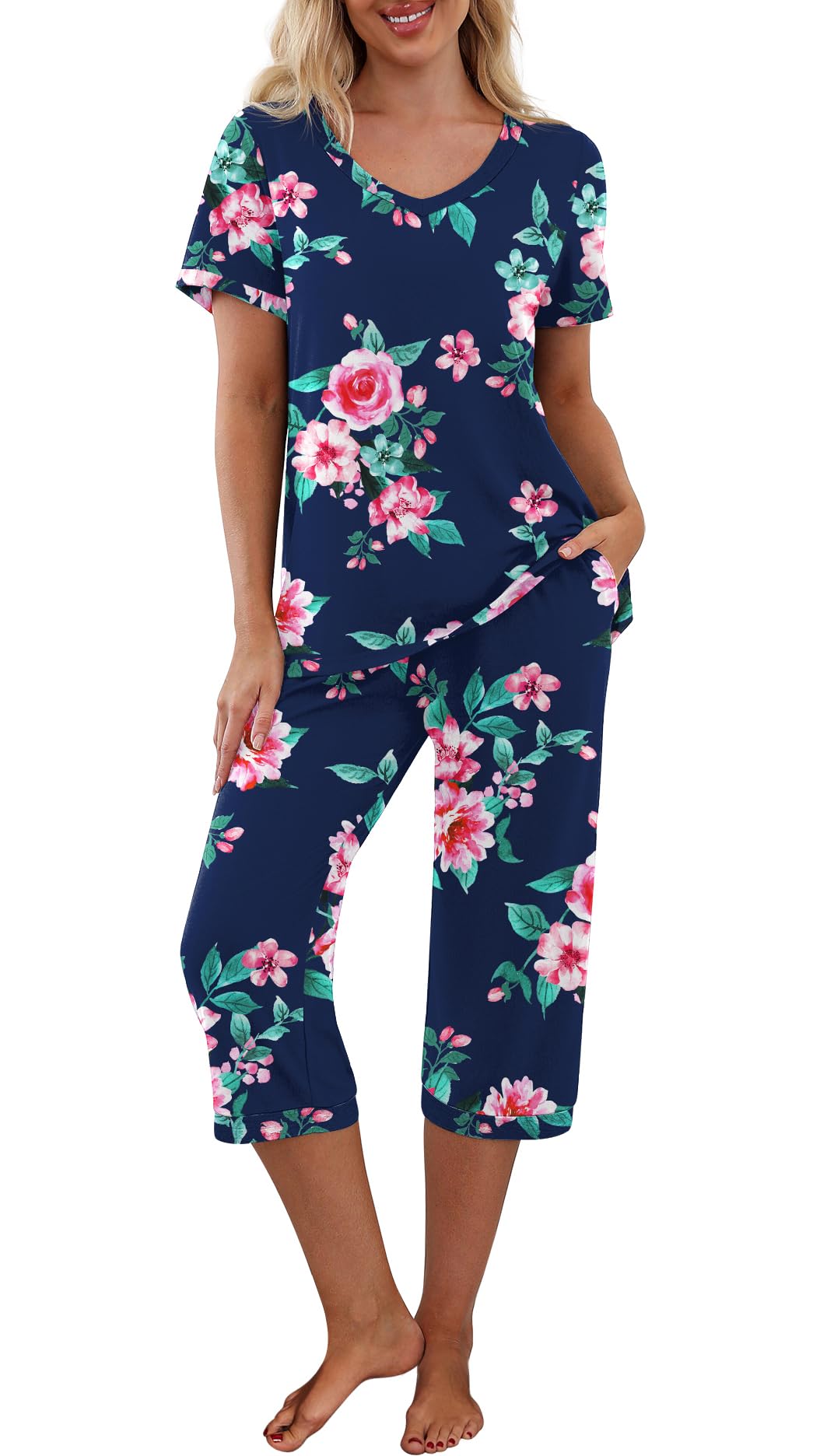 PrinStory Womens Pajama Sets Capri Pjs Soft Lounge Sets S-4XL