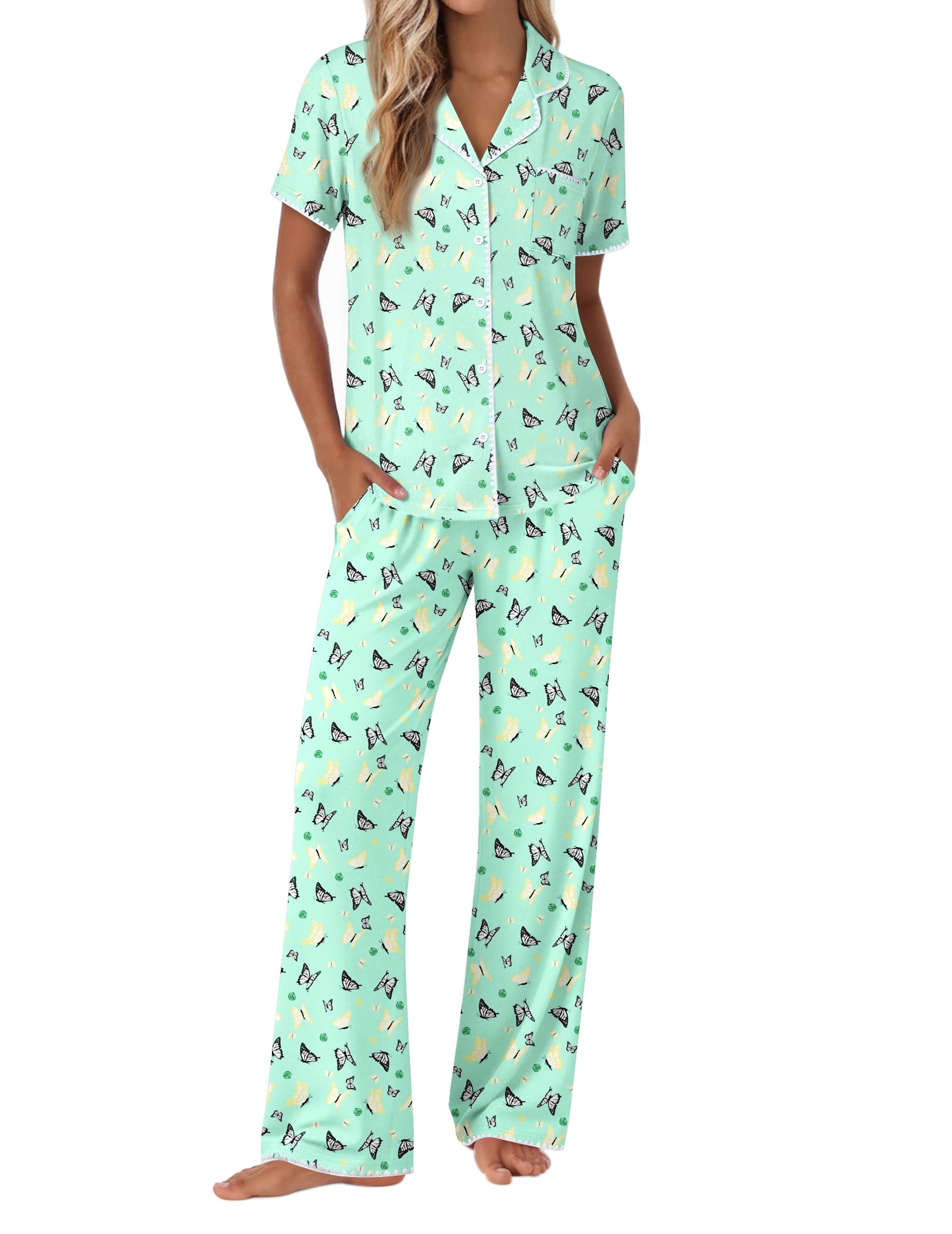 Ekouaer Pajamas for Women Set Button Up Soft Pjs Short Sleeve Lounge Sets