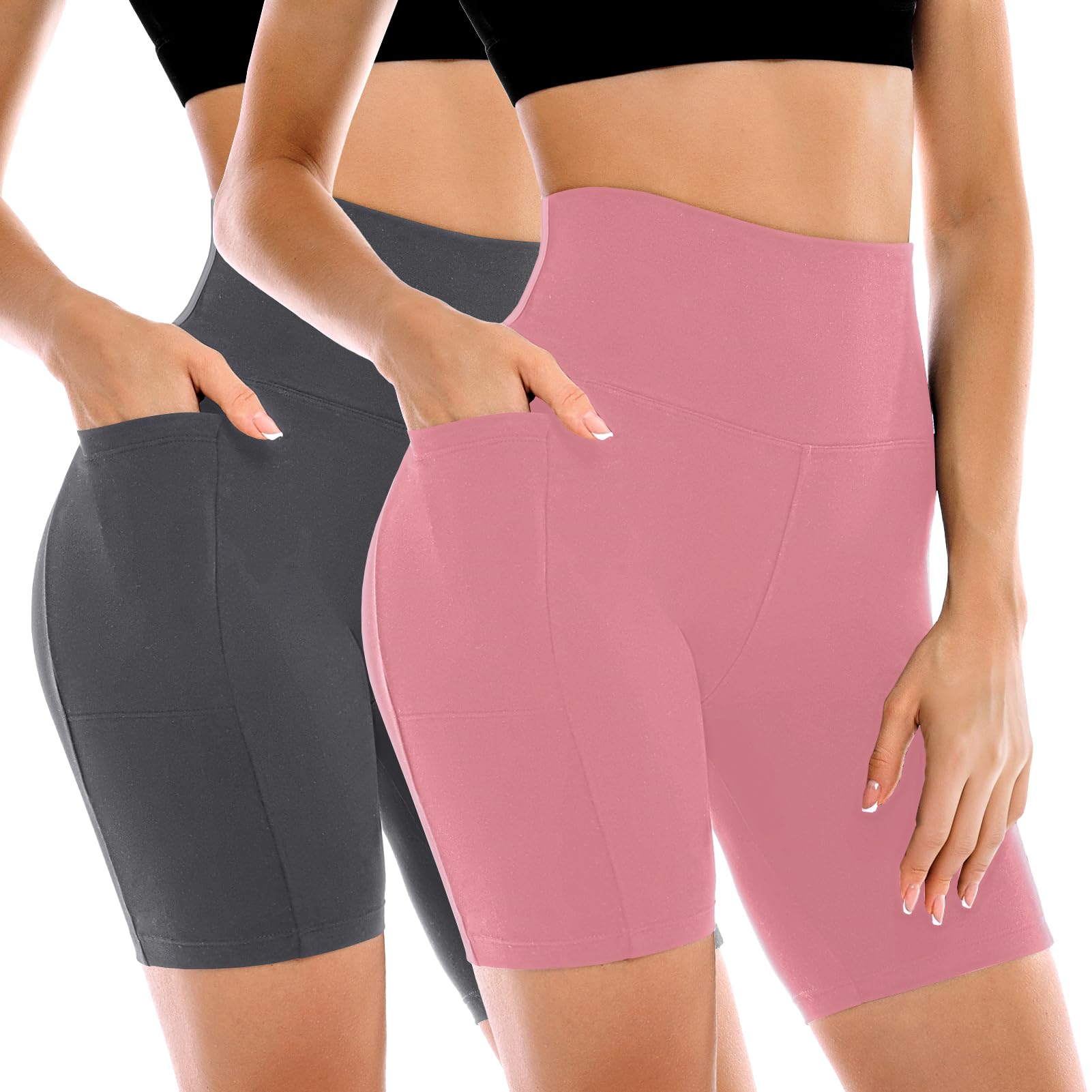 Leafigure 2 Pack Womens Biker Shorts with Pockets, High Waisted Tummy Control Yoga Shorts for Women Running Gym and Workout