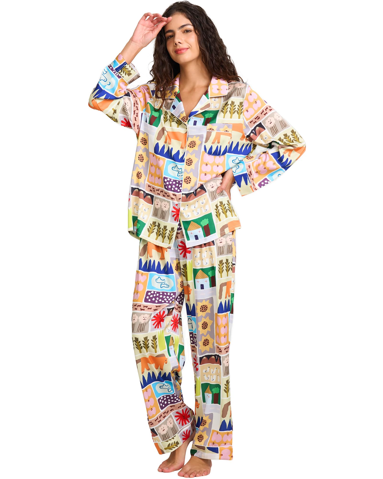 YiNi LuLu Womens Silk Satin Pajamas Set Button Down 2 Piece Pjs Long Sleeve Oversized Sleepwear with Pockets