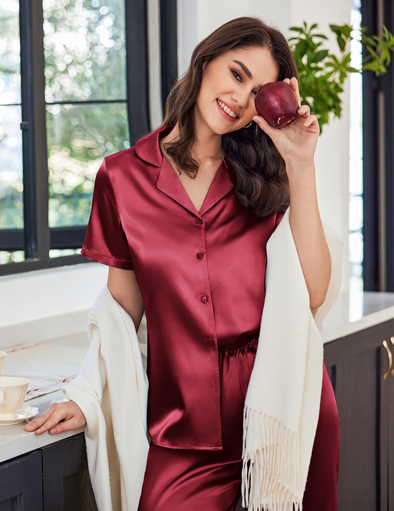 Ekouaer Womens Satin Silky Capri Pajamas Short Sleeve Button Down Sleepwear