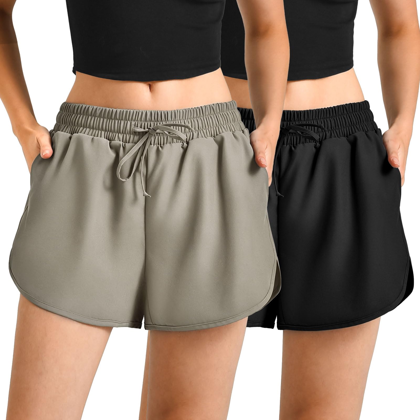Leafigure 2Pack Running Shorts for Women- Athletic High Waisted Quick Dry Shorts with Pockets for Gym Workout