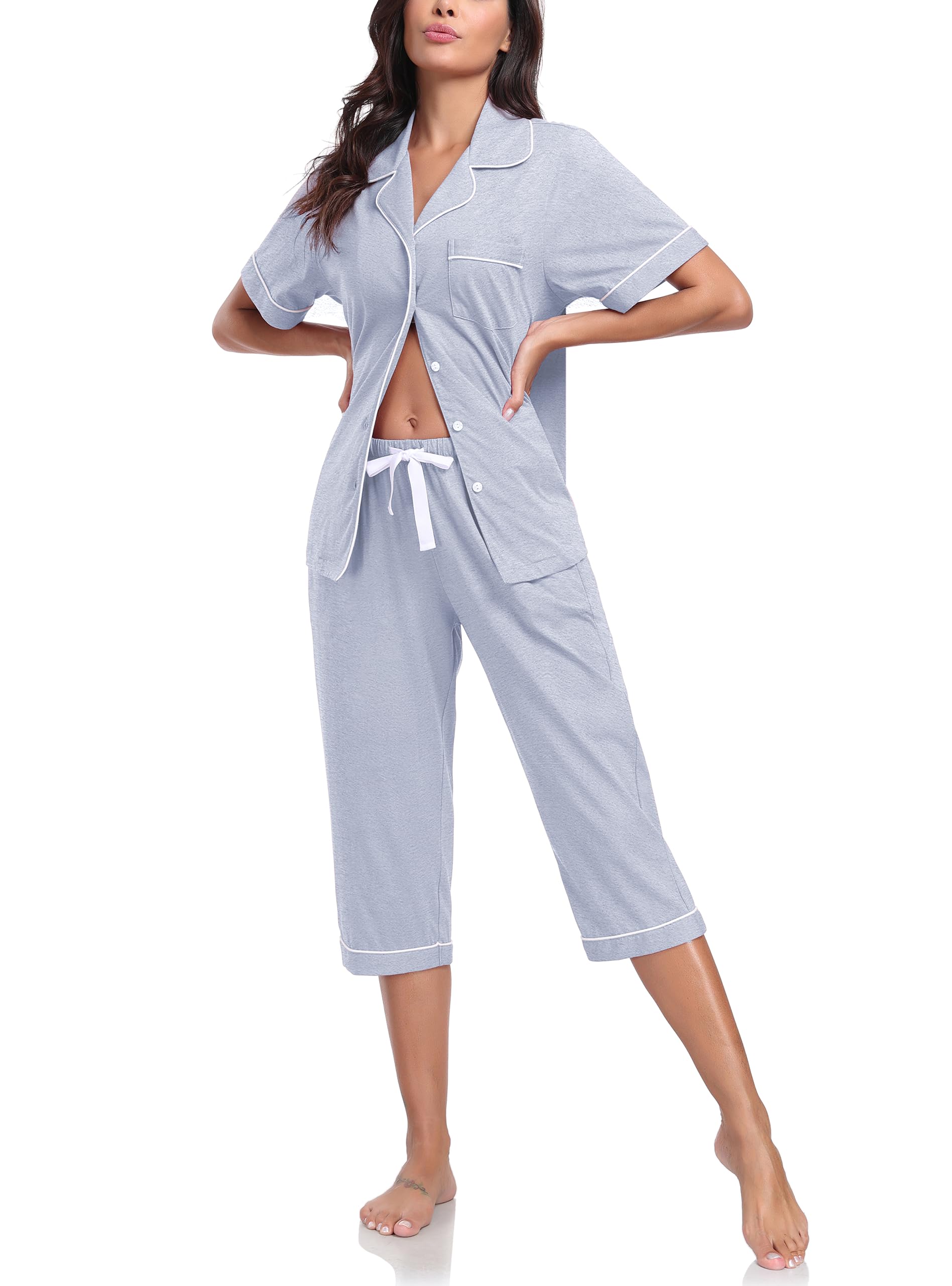 COLORFULLEAF 100% Cotton Women's Pajama Sets Short Sleeve Capri Pajamas for Women Set Button Down Pjs Soft Sleepwear Summer
