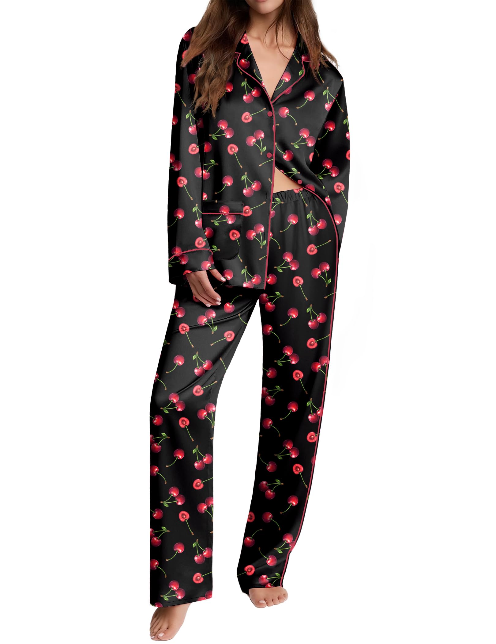 Ekouaer Womens Pajama Sets Satin Silk Pjs Long Sleeve Button Down Sleepwear