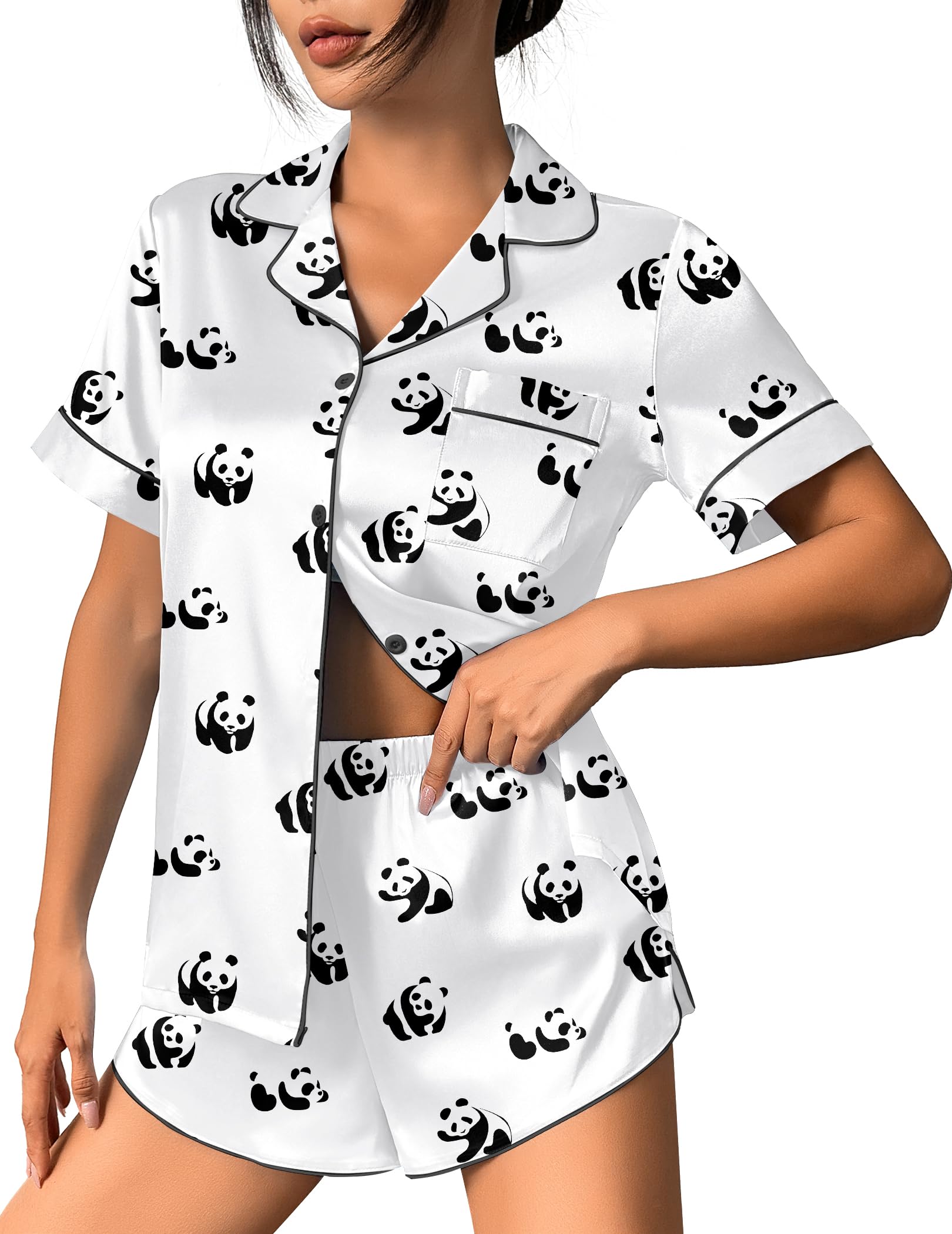 Ekouaer Womens Silk Satin Pajama Set Print Short Sleeve Sleepwear Button Down Pjs Shorts Set Loungewear