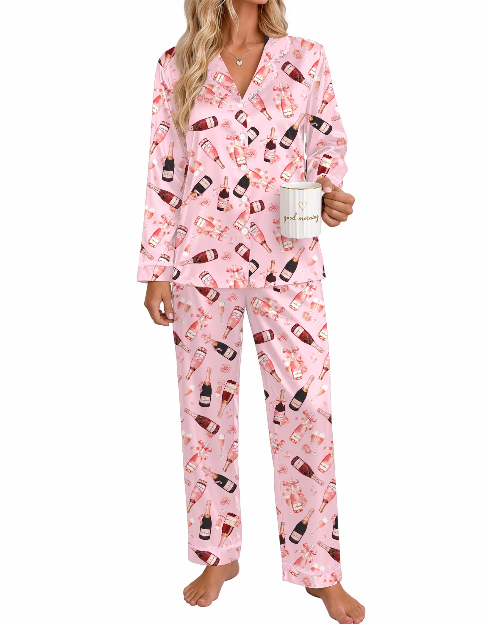 Ekouaer Satin Pajamas for Women Set 2 Piece Silk Pjs Long Sleeve Lounge Set