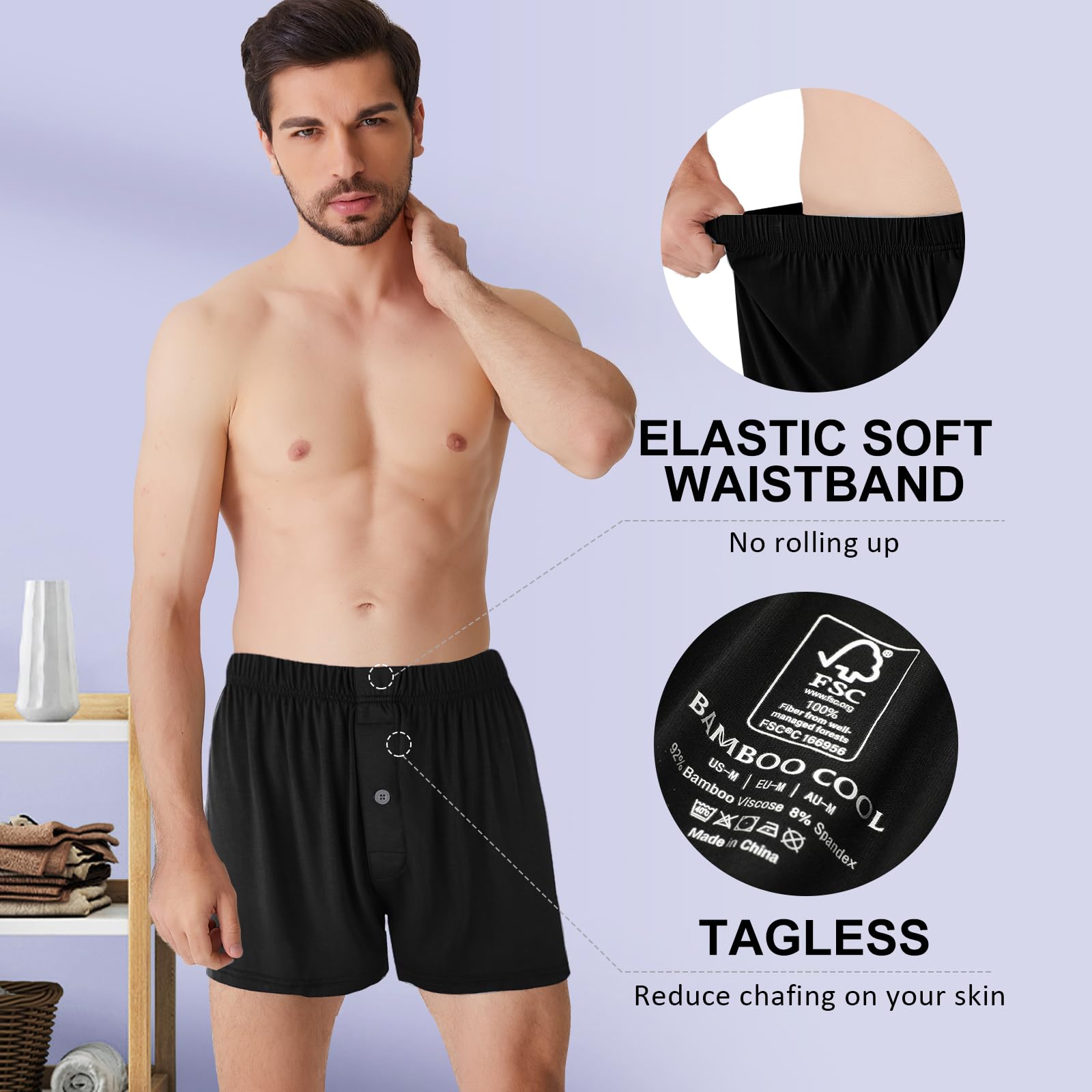 BAMBOO COOL Mens Boxers Short Classic Fit Soft Casual Underwear Loose Breathable Boxer Shorts for Men