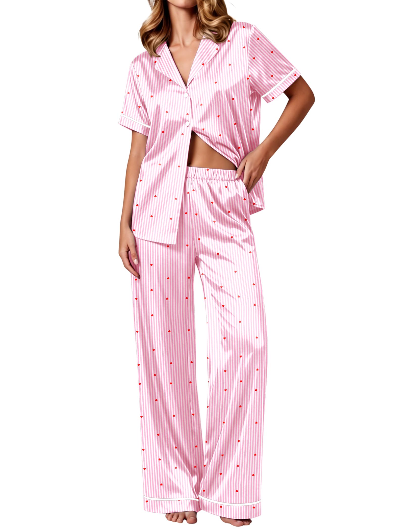 Ekouaer Women's Silk Pajamas Set Short Sleeve Pjs Button Down Lounge Set