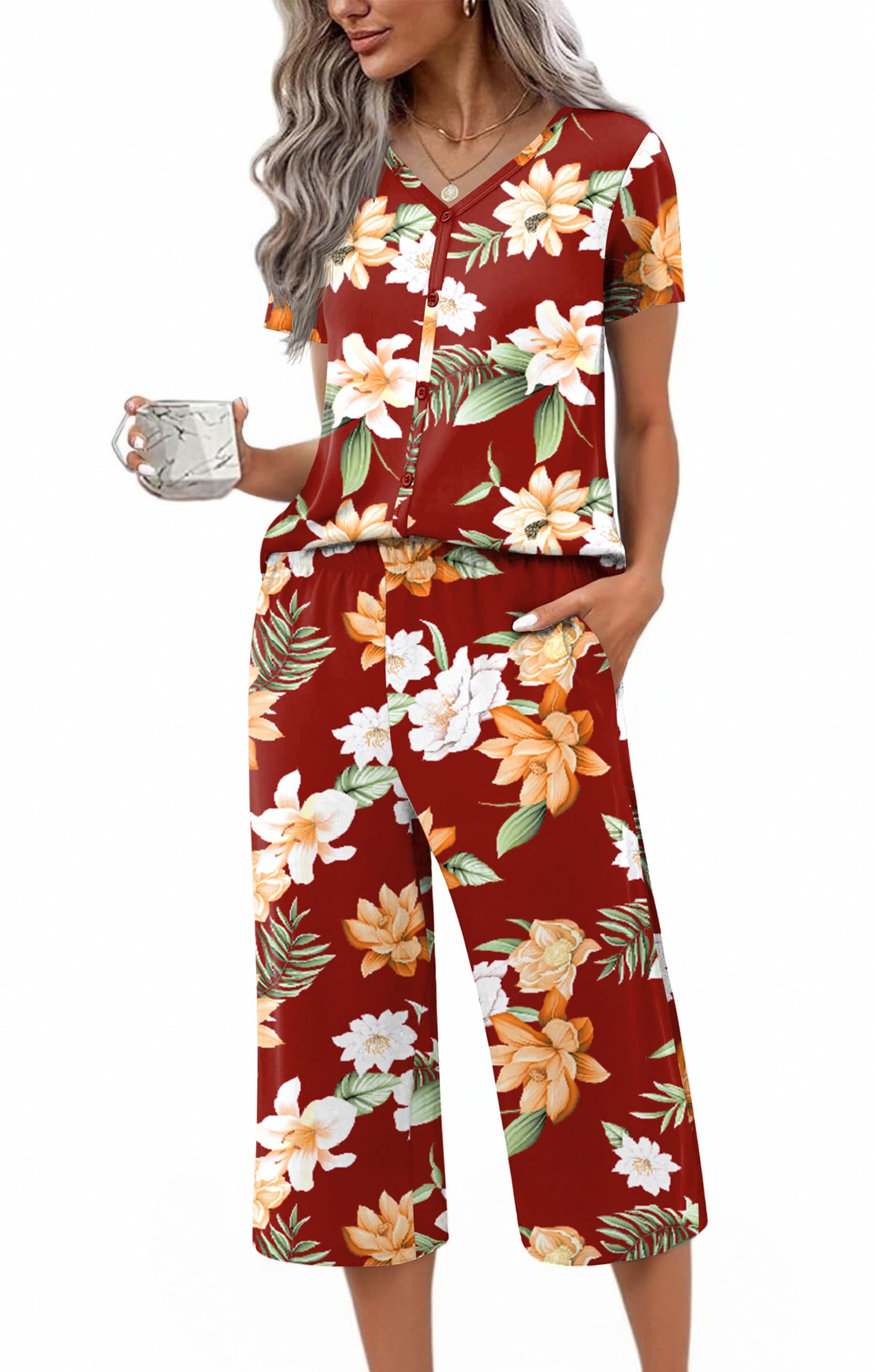 Ekouaer Women's Pajama Sets Short Sleeve Sleepwear Button Up Pj Loungewear Top and Capri Pants with Pockets