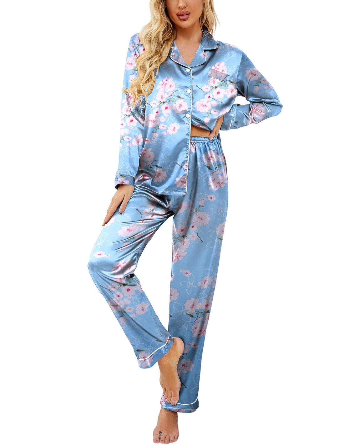 Ekouaer Women's Classic Button Down Long Satin Silk Pajama Set