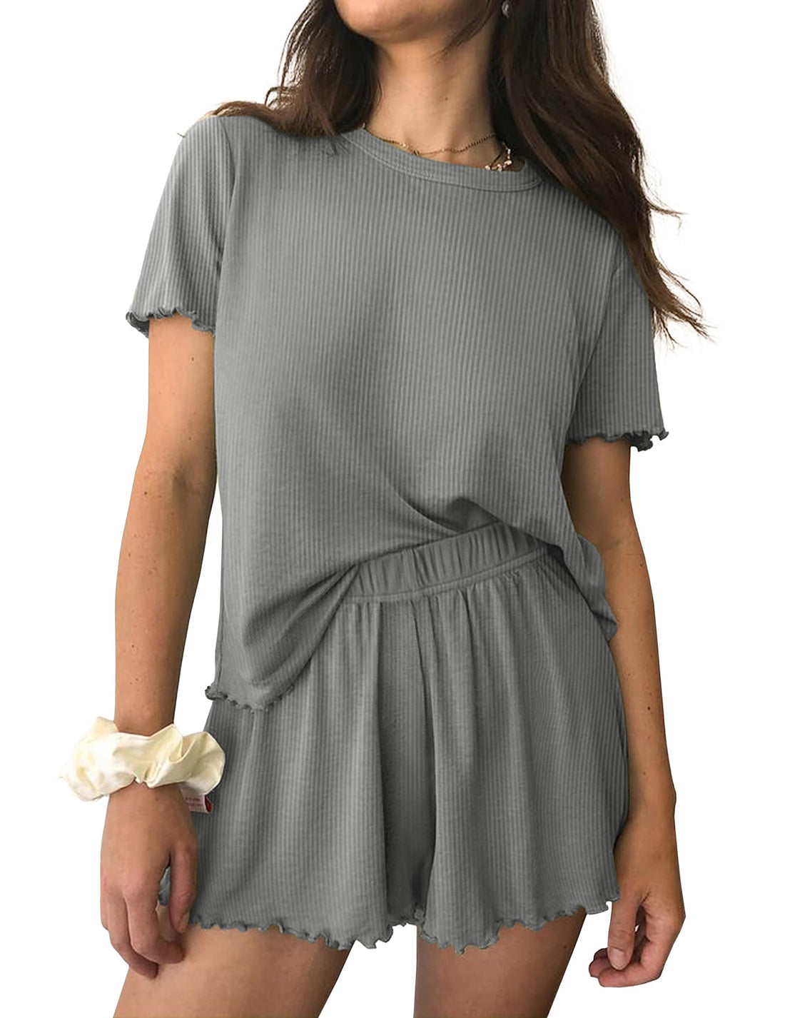Ekouaer Womens Pajamas 2 Piece Ribbed Knit Pjs Short Sleeve Lounge Sets
