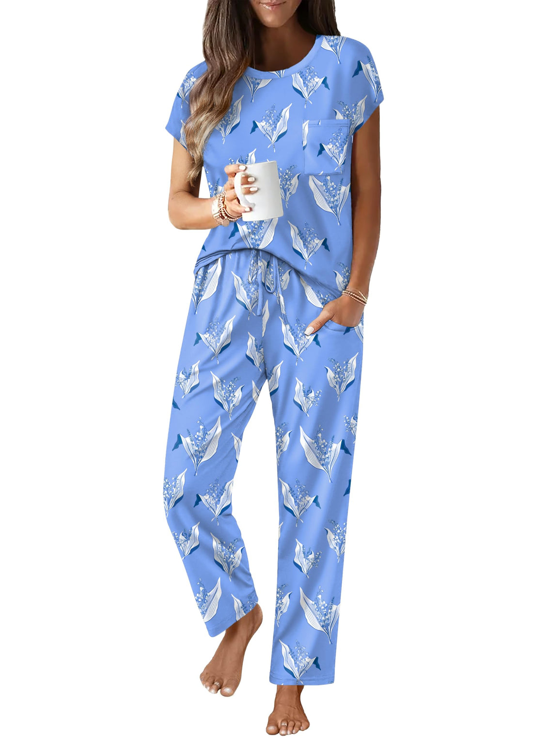 Ekouaer Womens Pajama Sets 2 Pcs Short Sleeve Lounge Set with Pockets
