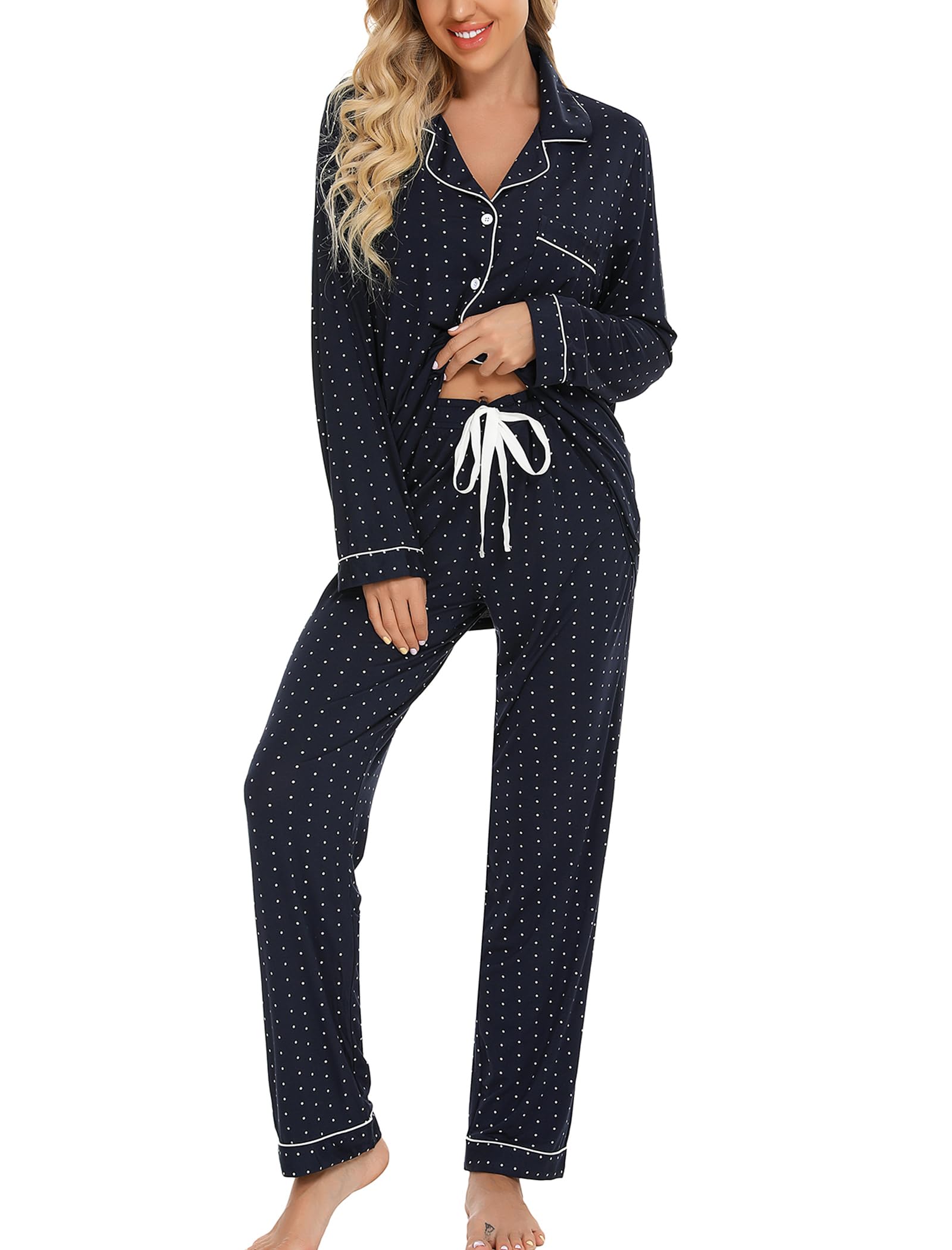 Leikar Button Up Pajamas For Women Long Sleeve Viscose Soft Pjs Lounge