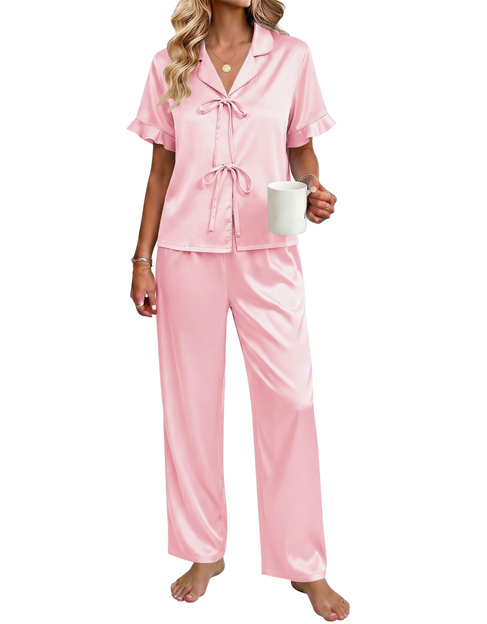 Ekouaer Womens Satin Pajama Sets Silky Tie Front Ruffle Pjs Sets Sleepwear