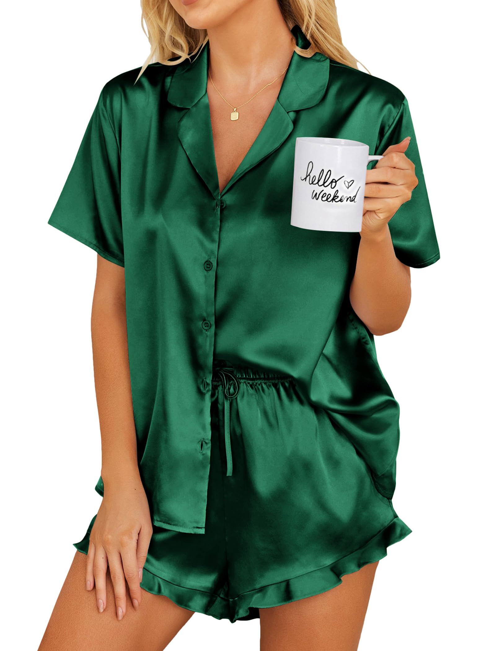 Ekouaer Womens Satin Pajamas Set Button Down Silk Pj Shorts Set with Ruffle