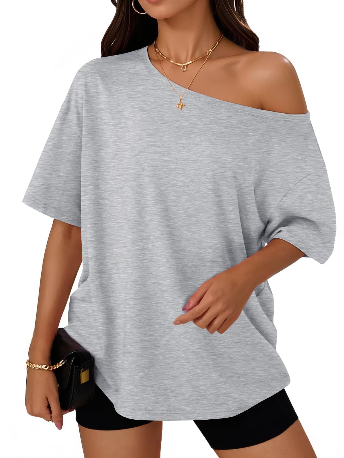 Trendy Queen Womens Off the Shoulder Tops Oversized Summer T-Shirts 2026 | Breathable comfort stretch fabric, short sleeve, basic oversized tees, casual workout gym, y2k going out clothes