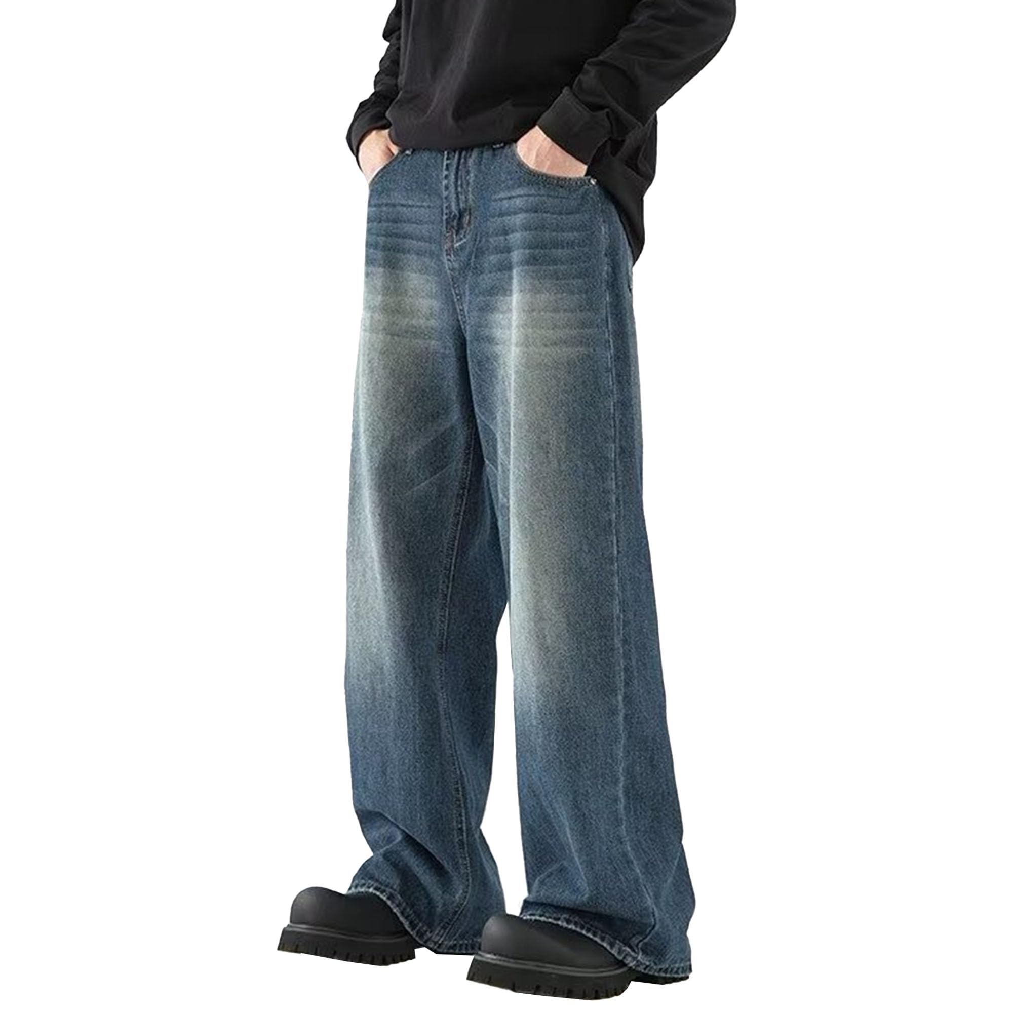 Mens Baggy Jeans Y2k Wide Leg Loose Fit Jeans Streetwear Denim Washed Hip Hop Pants