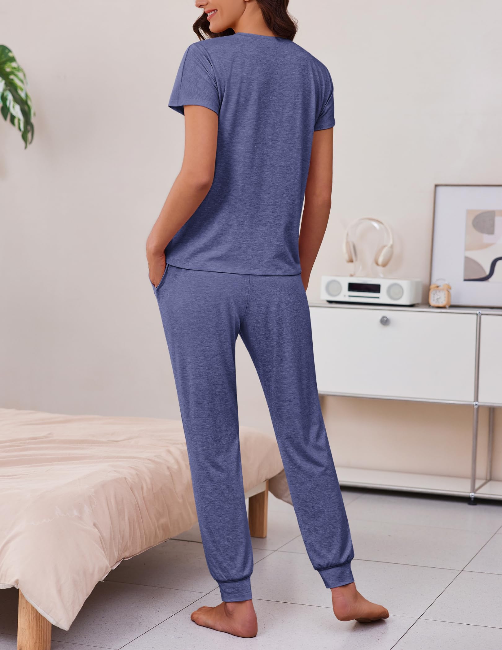 Ekouaer 2 Pack Womens Pajama Short Sleeve Jogger Pants Pjs Lounge Set