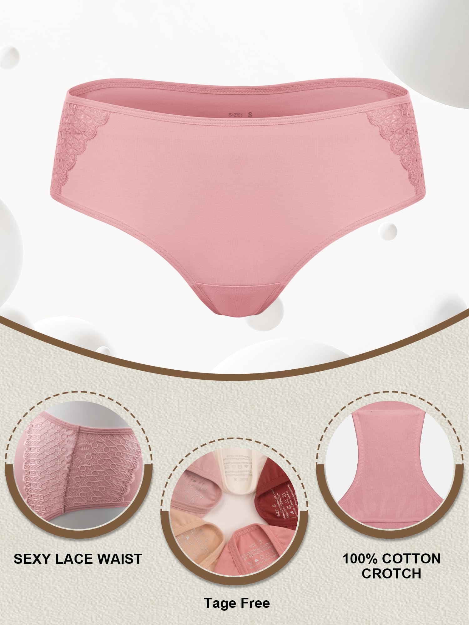 COLORFULLEAF Women's Cotton Hipster Panties Sexy Lace Underwear Pack Soft Moisture Wicking Bikini Briefs