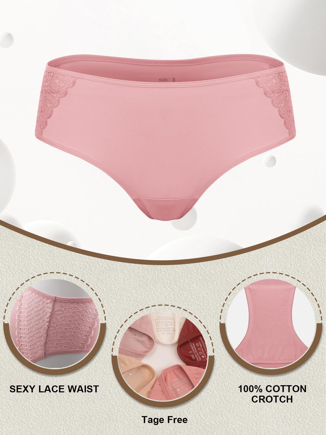 COLORFULLEAF Women's Cotton Hipster Panties Sexy Lace Underwear Pack Soft Moisture Wicking Bikini Briefs
