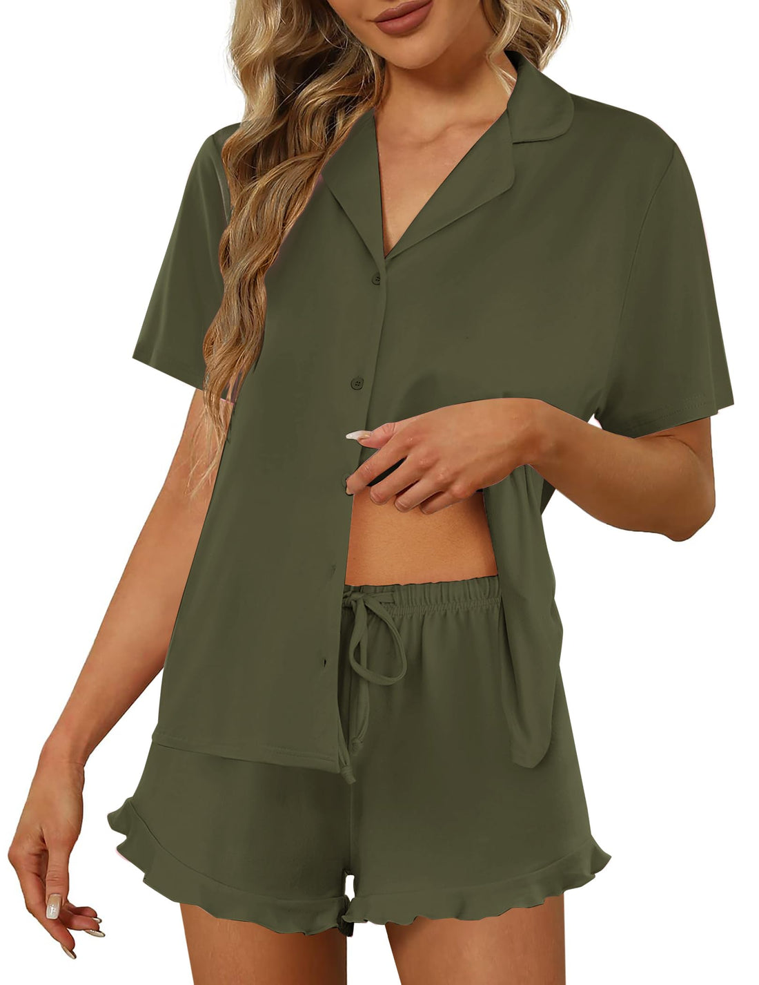 Ekouaer Pajamas Set for Women Short Sleeve Sleepwear Button Down Ruffle Pjs