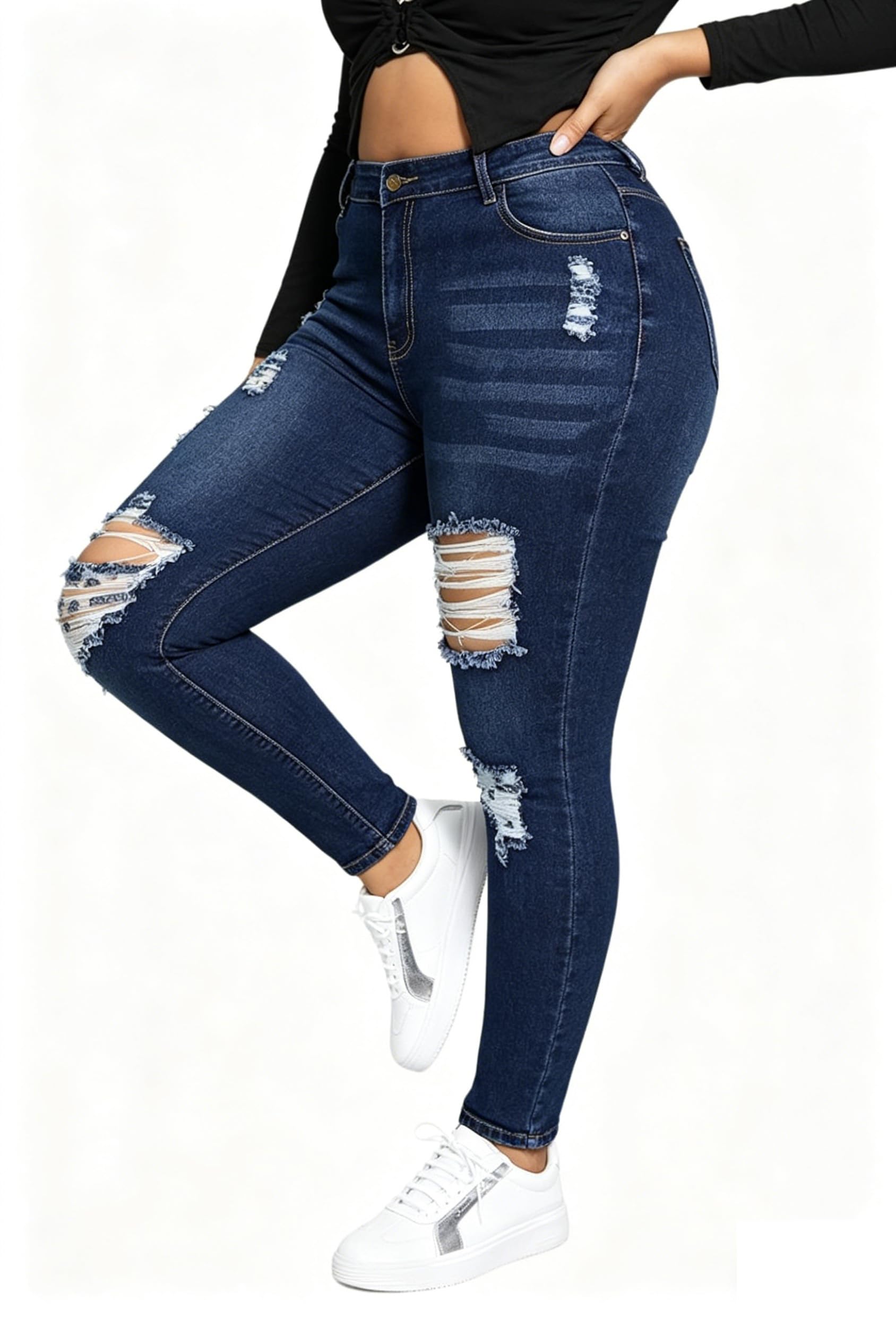 ALLABREVE Womens Plus Size Skinny Jeans Stretchy High Waisted Ankle Jean Ripped Slim Fit Washed Denim Distressed Tight Jean