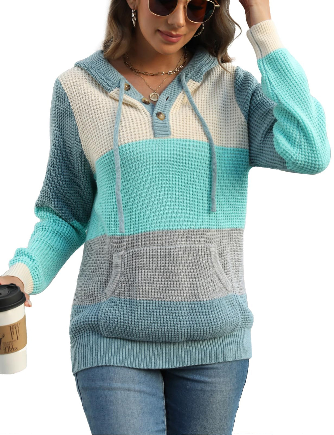 CiCiBird Women's Fall Hoodies Sweater V Neck Waffle Knit Top with Pocket | Loose Fit, V Neck Button, Adjustable Drawstring, Long Sleeve, Kangaroo Pocket, Weekend Errands, Daily Wear, Work Casual