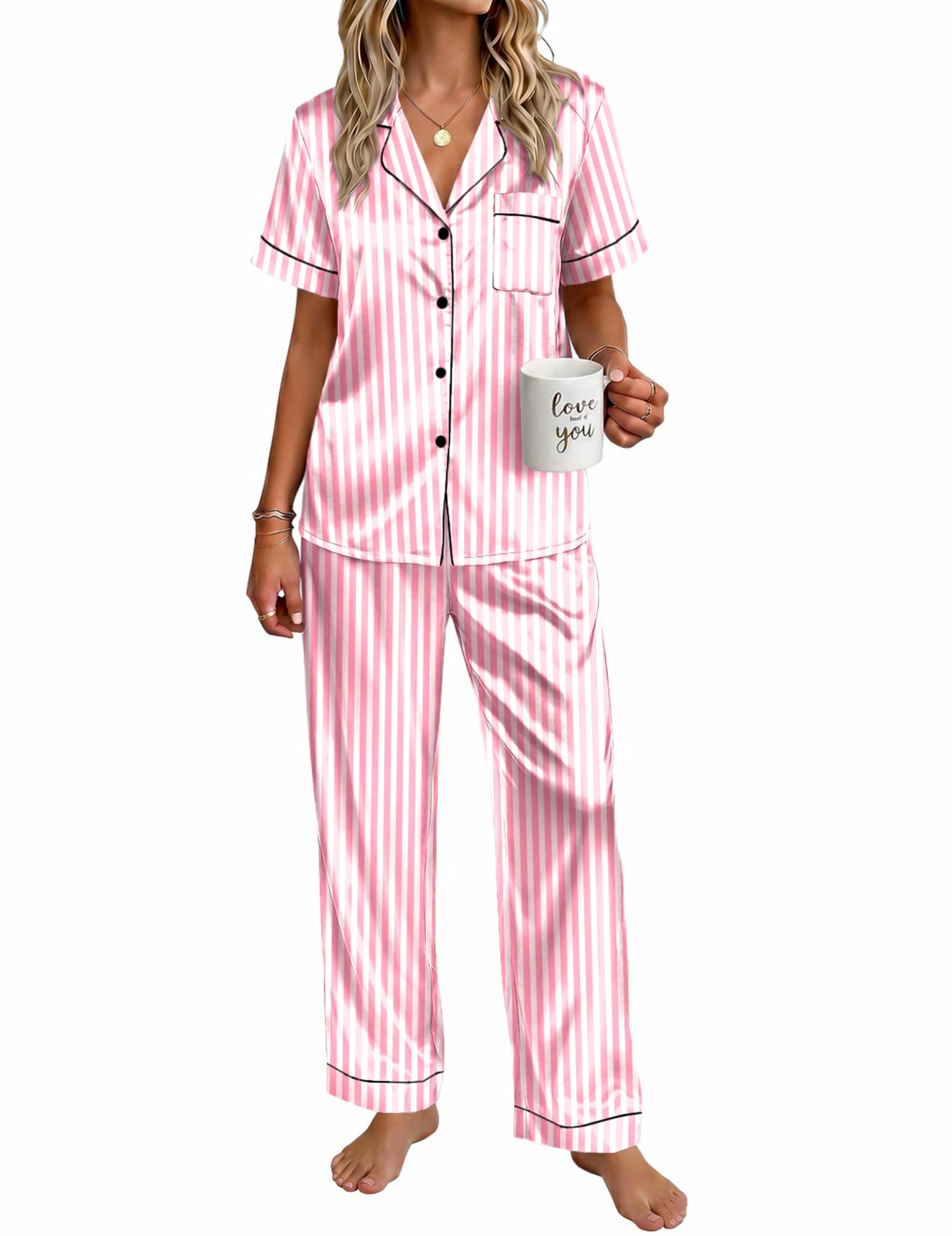 Ekouaer Womens Satin Pajama Set Silky Short Sleeve Button Down Pj Set