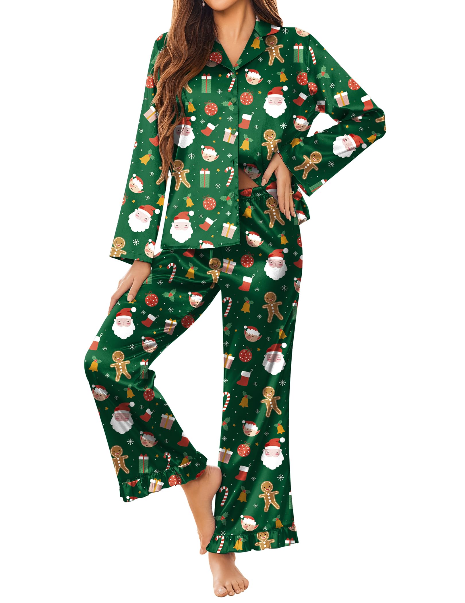 Ekouaer Satin Pajama Set for Women Long Button Down Silk Pj with Ruffle
