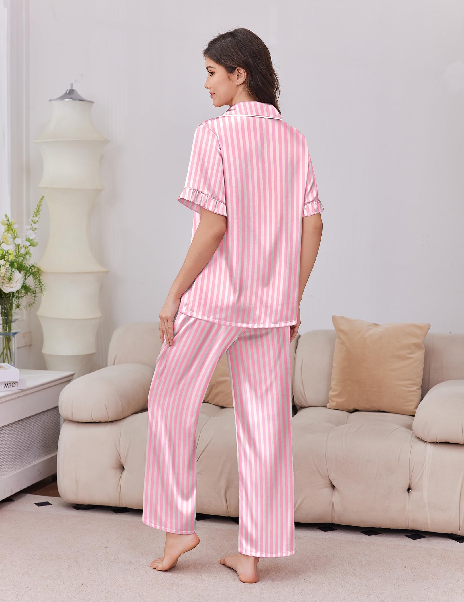 Ekouaer Silk Satin Pajamas for Women Set 2 Piece Short Sleeve Button Up Pjs
