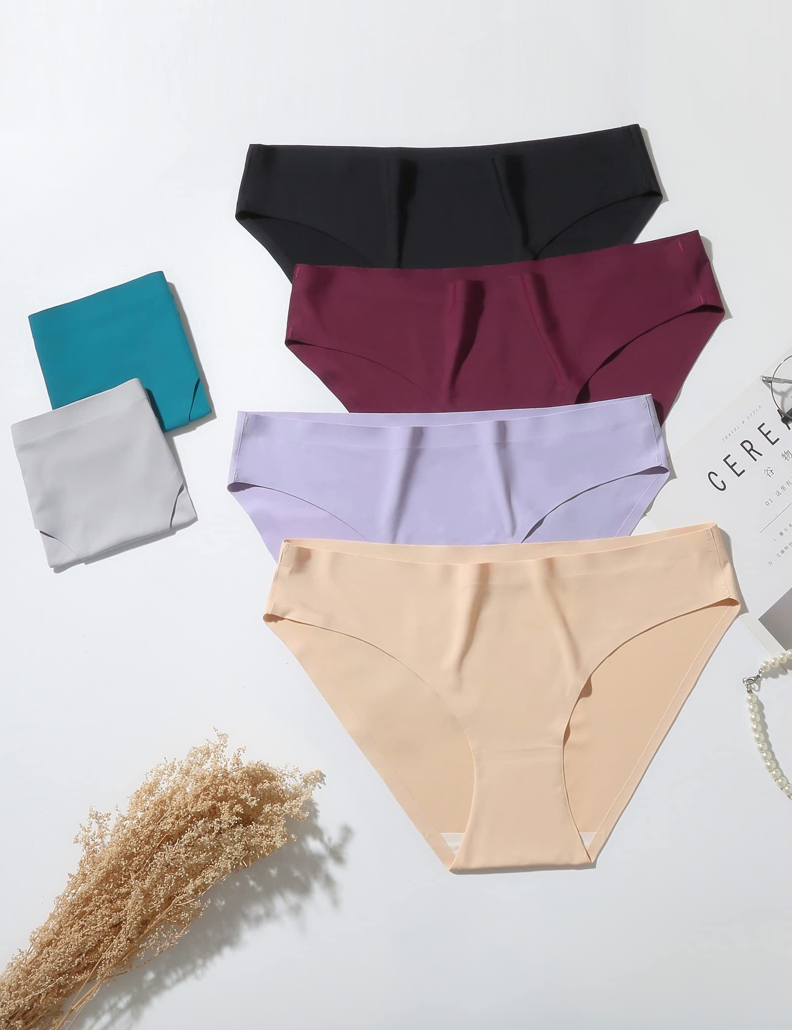 Caterlove Women's Seamless Underwear No Show Stretch Bikini Panties Silky Invisible Hipster 6 Pack