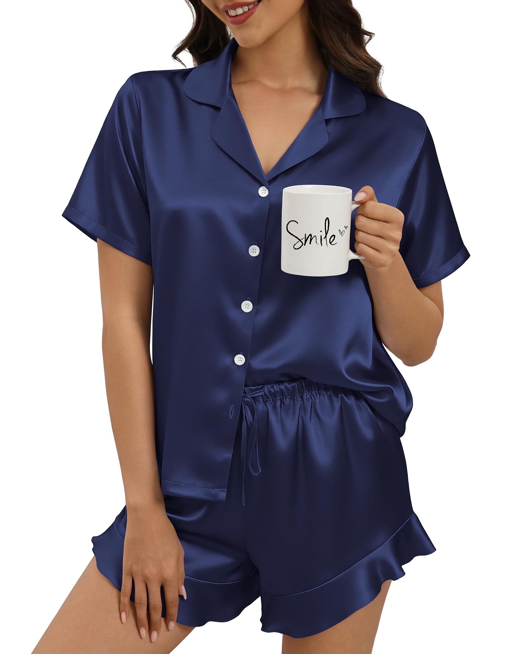 Silk Pajamas for Women Button Down 2 Piece Satin Pjs Shorts Set Ruffle Notch Collar Sleepwear Loungewear
