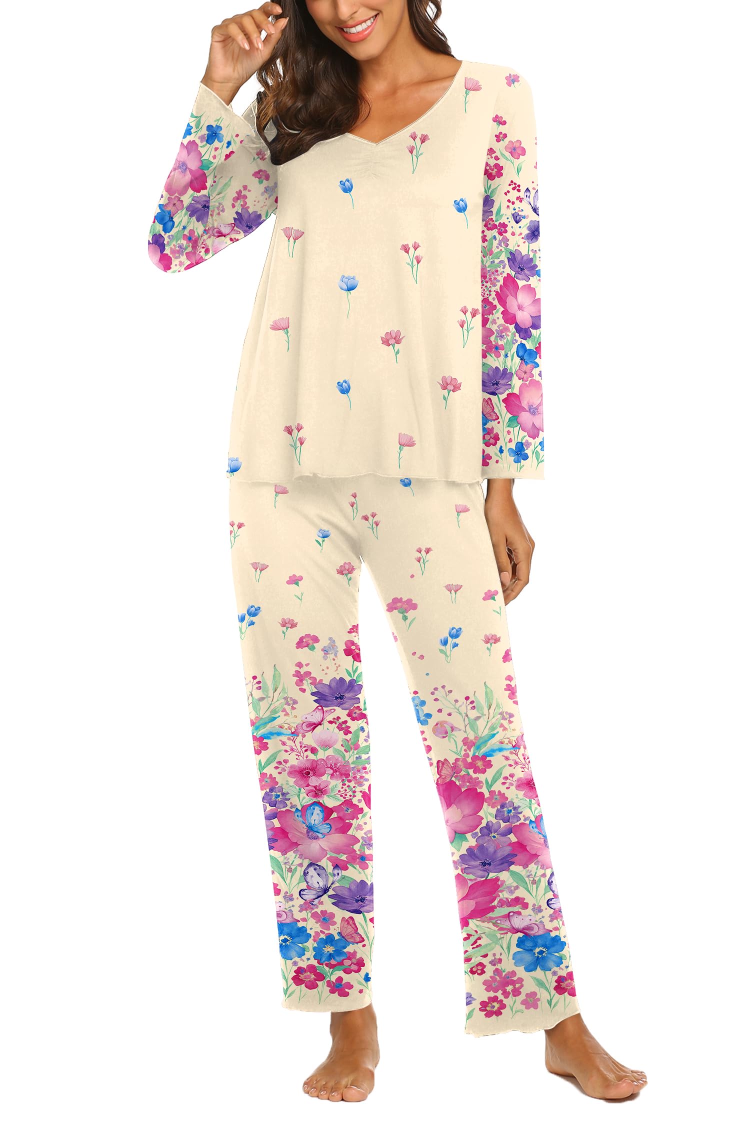 Ekouaer Pajamas for Women Set Long Sleeve Pleated Top and Pants Loungewear