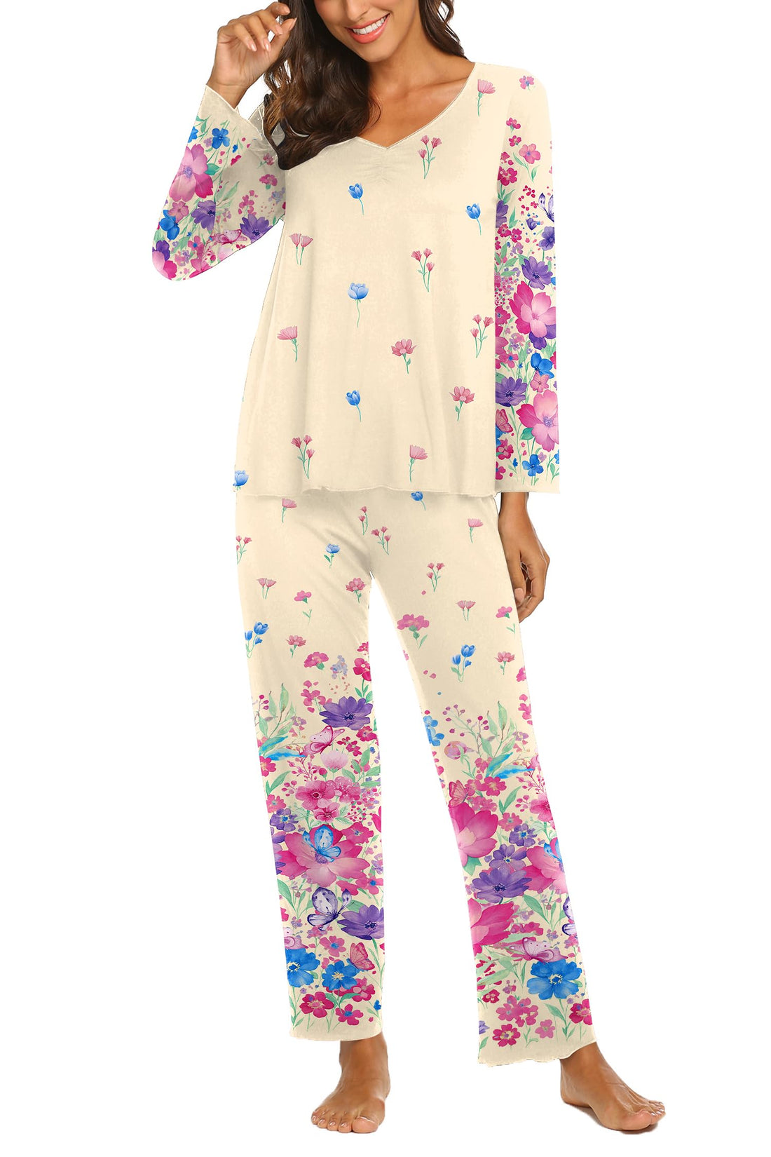 Ekouaer Pajamas for Women Set Long Sleeve Pleated Top and Pants Loungewear