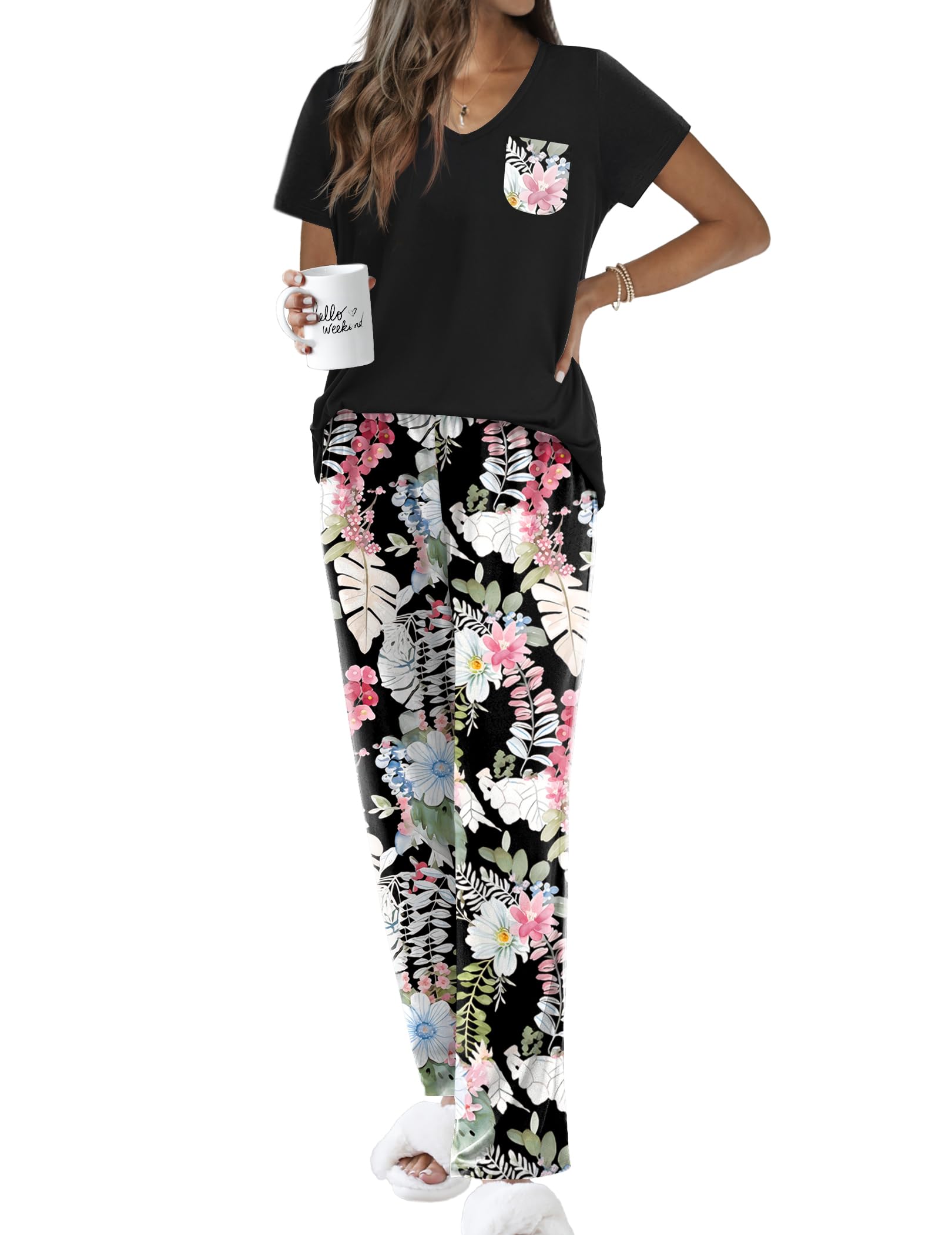 Ekouaer Pajama Sets for Women 2 Piece Short Sleeve Pj V Neck Chest Pocket