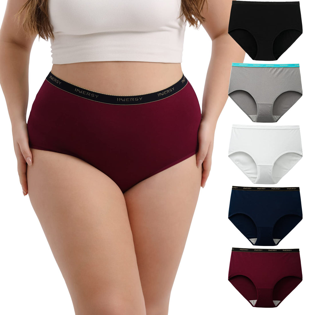 INNERSY Plus Size XL-6XL Big Curvy Woman Cotton Underwear High Waist Briefs 5-Pack